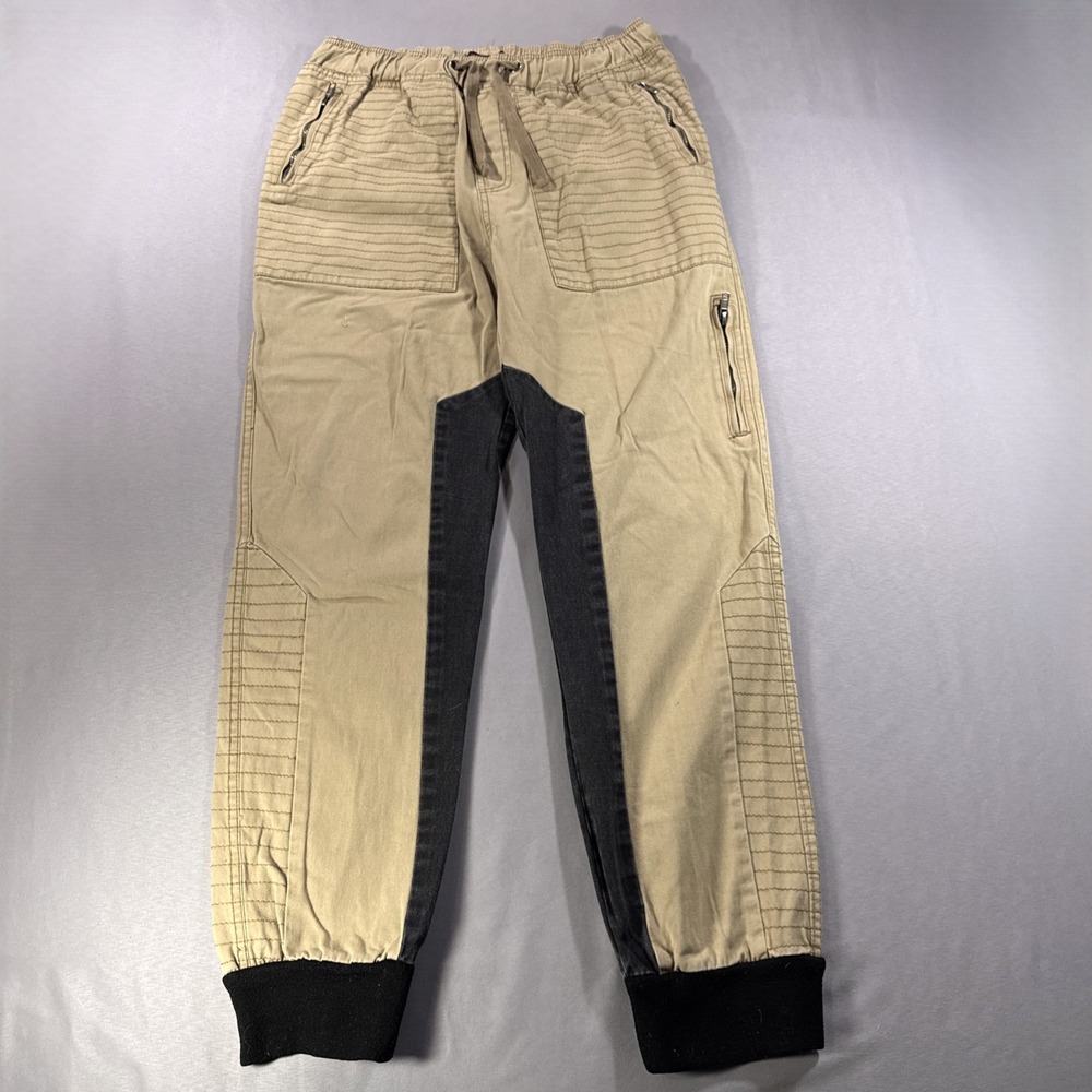Phat Farm Mens Moto Joggers Medium Khaki Tan Black Quilted Knee Zipper Pockets